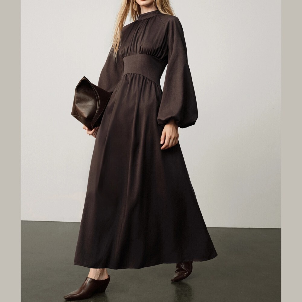 Espresso Brown Stand Collar Bishop Sleeve Wrap Waist Maxi Dress
